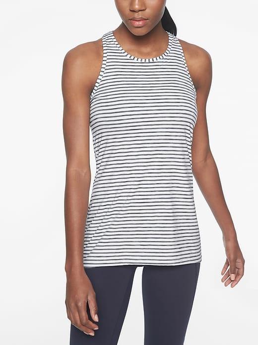 Athleta Womens High Neck Heather Stripe Chi Tank Navy Heather/bright White Size L