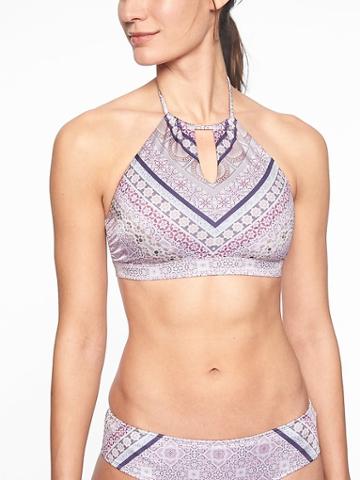 Athleta Womens Aqualuxe Print High Neck Keyhole Bikini Top Kitten Kisses Size L