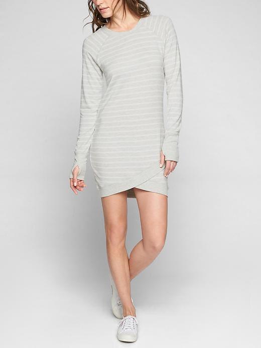 Athleta Womens Criss Cross Stripe Dress Size M Tall - Light Grey Heather/ Bright White