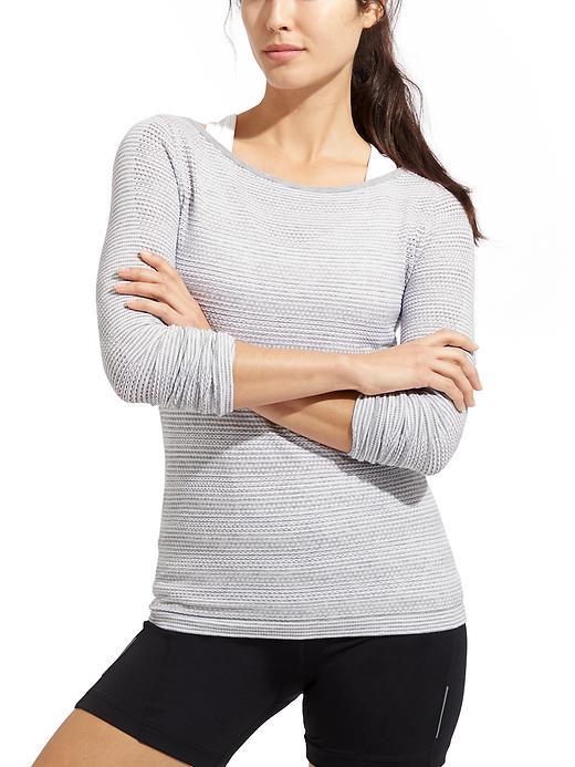 Athleta Womens Stripe Seamless Eyelet Top Size L - Grey Heather/bright White