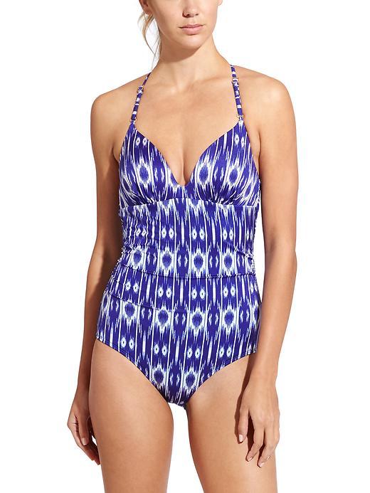 Athleta Womens Aqualuxe Print Molded One Piece Size L Tall - Amalfi Blue Ikat