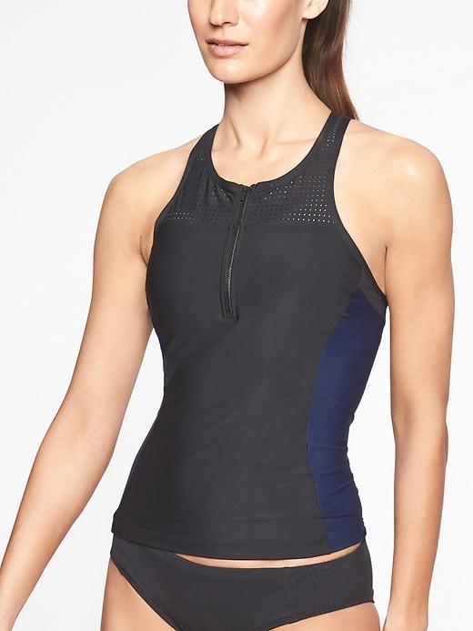 Athleta Womens Bonaire Zip Front Tankini Top Navy/ Black Size M