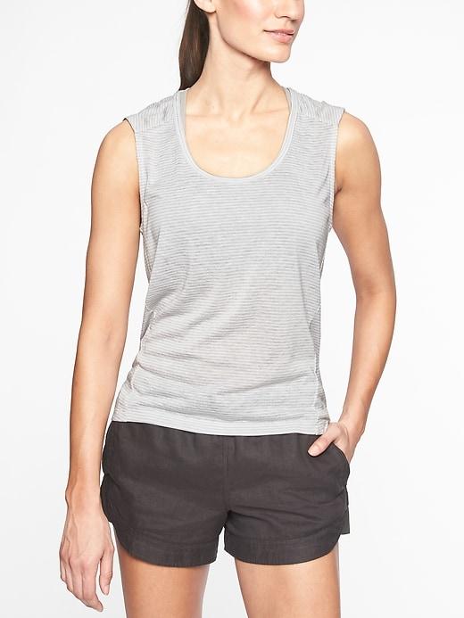 Athleta Womens Breezy Stripe Muscle Tank Tern Grey/ Bright White Size M
