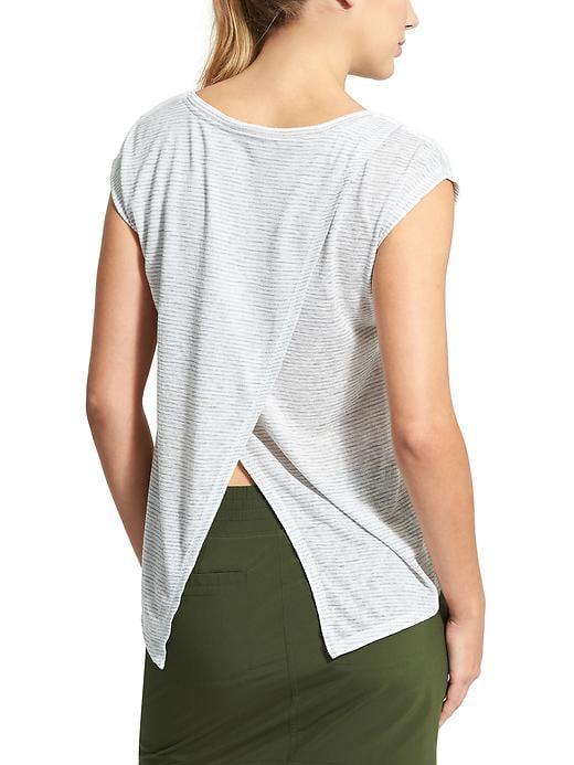 Athleta Womens Stripe Breezy Crossback Tee Size L - Bright White/cobblestone Grey