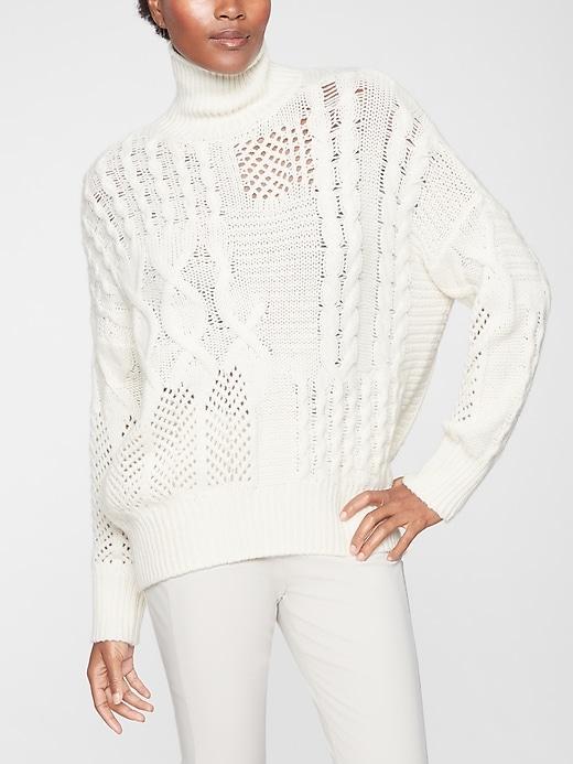 Athleta Womens Bedford Wool Cashmere Cable Turtleneck Sweater Dove Size L