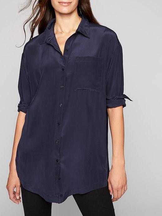 Athleta Womens Washable Silk Button Down Tunic Navy Size L