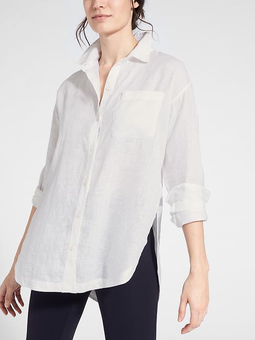 Athleta Womens Linen Long And Lean Shirt Size L Petite - Bright White