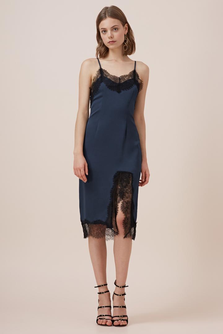 Keepsake Stop Me Lace Trim Dress Navy