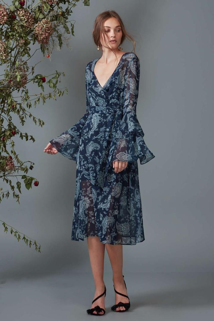 Keepsake Go With It Wrap Dress Navy Paisleyxxs, Xs,s,m,xl
