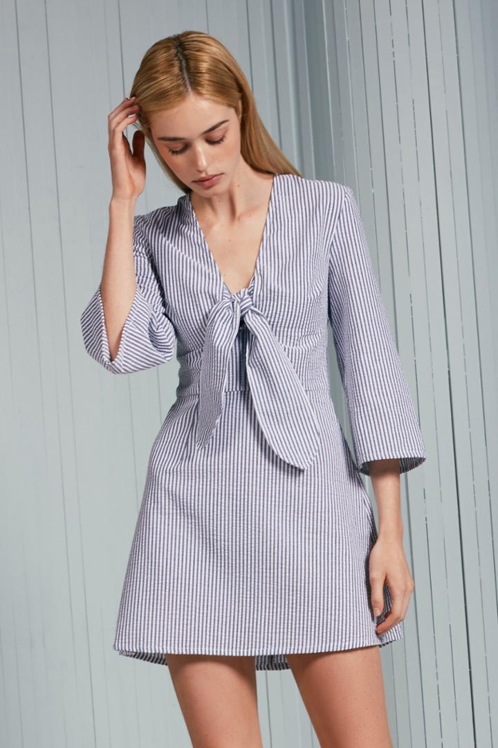 The Fifth The Fifth Anagram Stripe Long Sleeve Dress Navy W Whitexxs, Xs,s,m,l,xl
