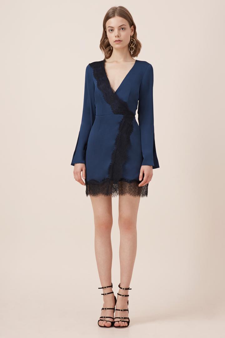 Keepsake Stop Me Lace Trim Long Sleeve Dress Navy
