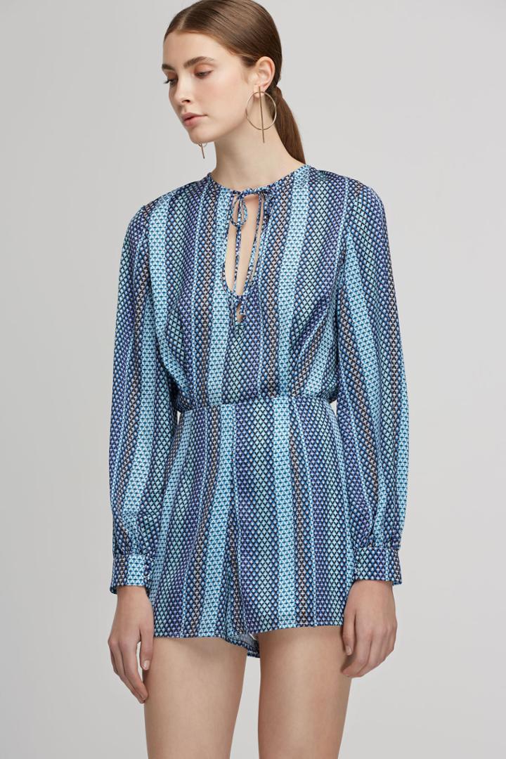 Finders Keepers Huntr Long Sleeve Playsuit Blue Geo Print