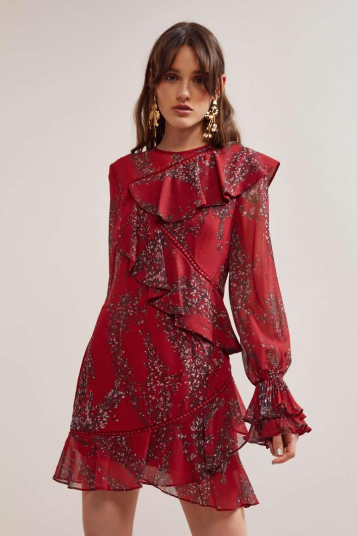 Keepsake Light Up Long Sleeve Mini Dress Red Wildflower Floralxs,s,m,l,xl