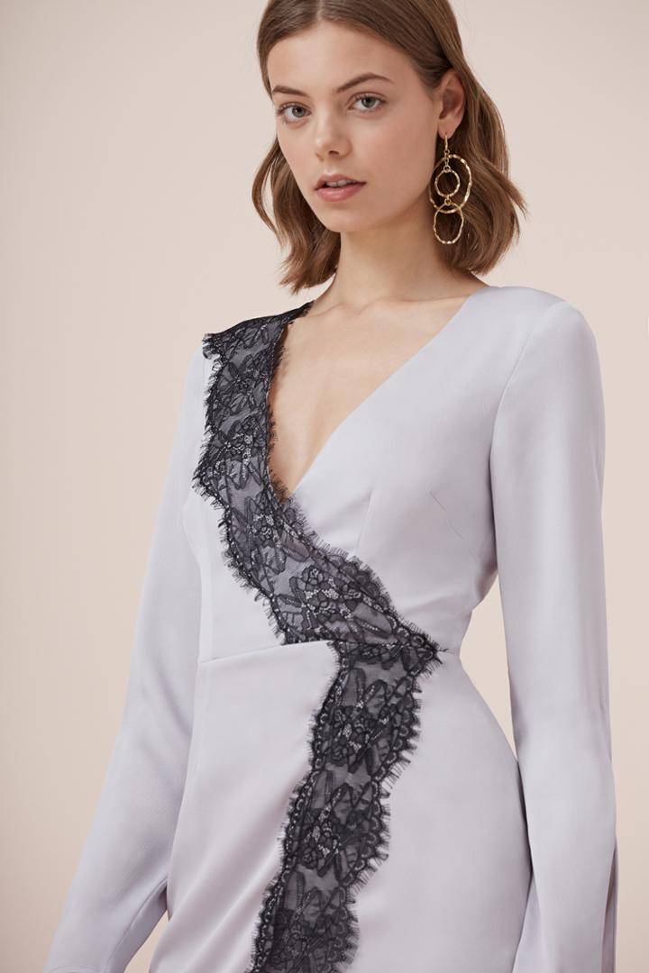 Keepsake Stop Me Lace Trim Long Sleeve Dress Pale Grey
