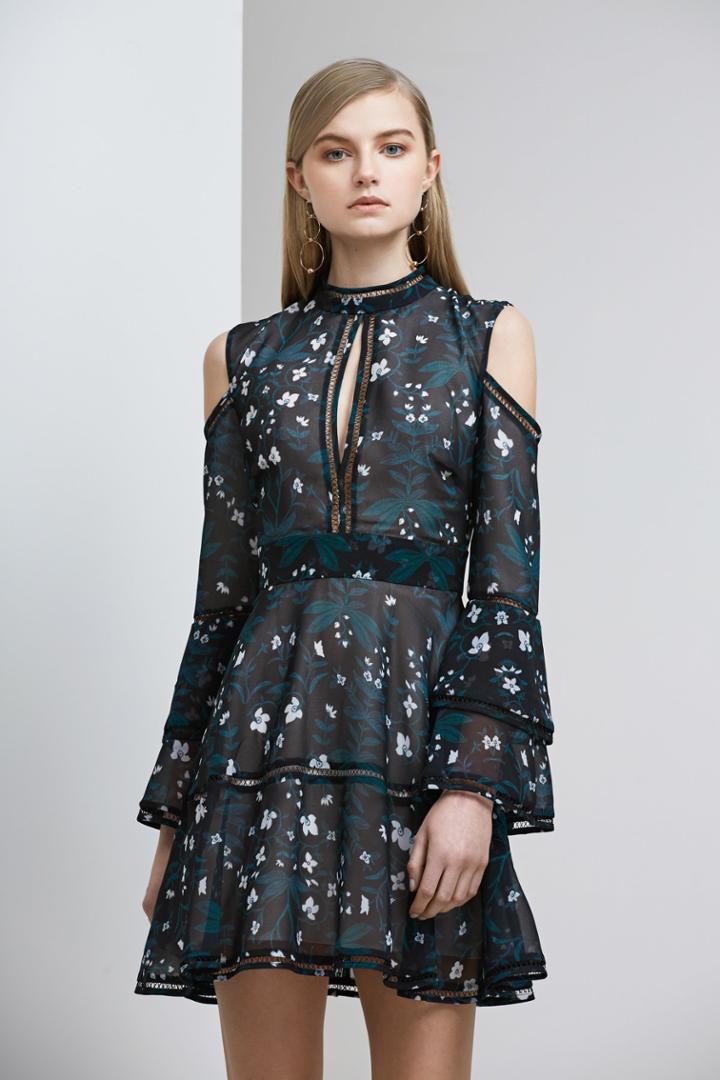 Keepsake Night Dance Long Sleeve Mini Dress Dark Floral Print