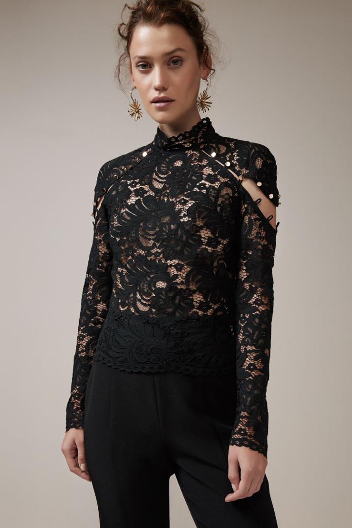 Keepsake Star Crossed Long Sleeve Lace Top Black