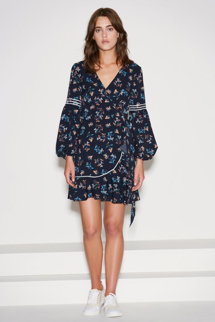 The Fifth The Fifth Skyward Wrap Dress Navy Wildflowerxxs, Xs,s,m,l,xl