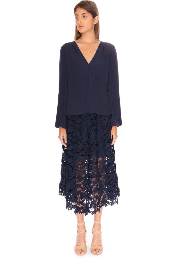 Keepsake Ornate Long Sleeve Silk Top Navy