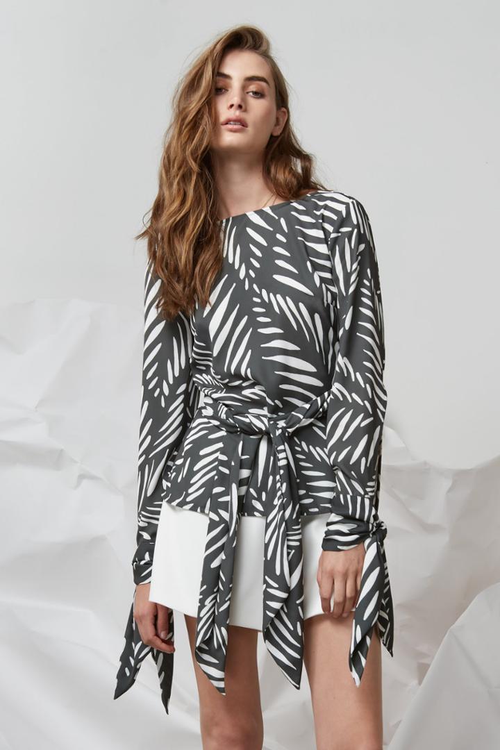 Finders Keepers I Spy Tie Back Long Sleeve Top Khaki Base Leaf Print