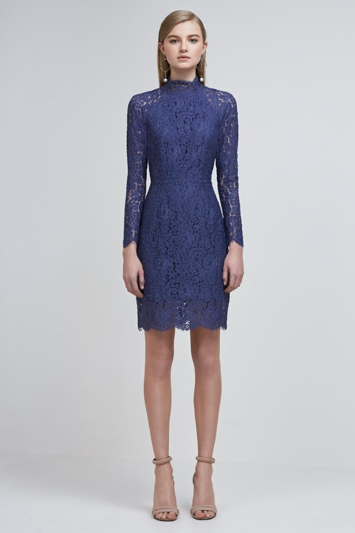 Keepsake Electric Long Sleeve Lace Dress Navy