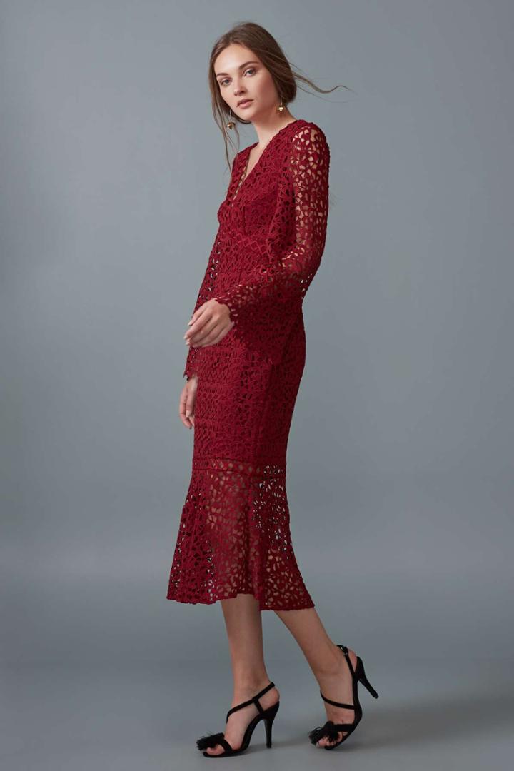 Keepsake Uplifted Long Sleeve Midi Dress Burnt Redxxs, Xs,s,m,l