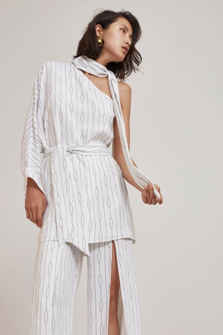 C/meo Collective Everlasting One Shoulder Dress Ivory Chain Print