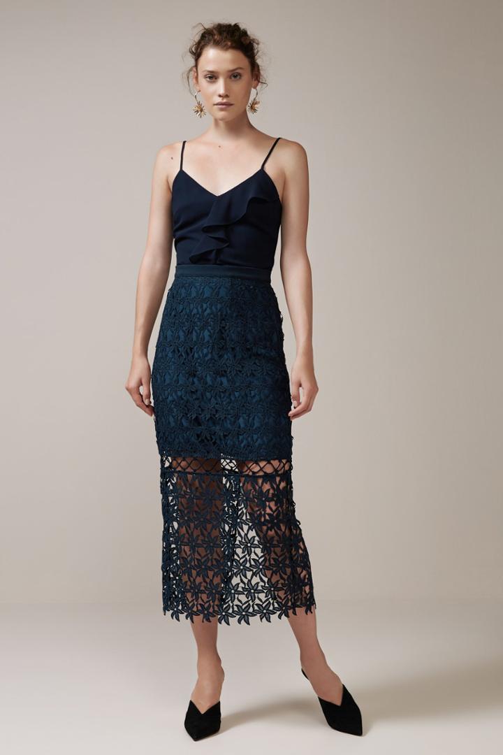 Keepsake Stay Close Lace Skirt Navy