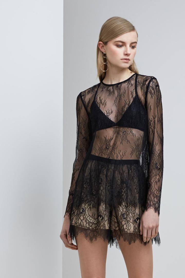 Keepsake Above Water Lace Long Sleeve Top Black