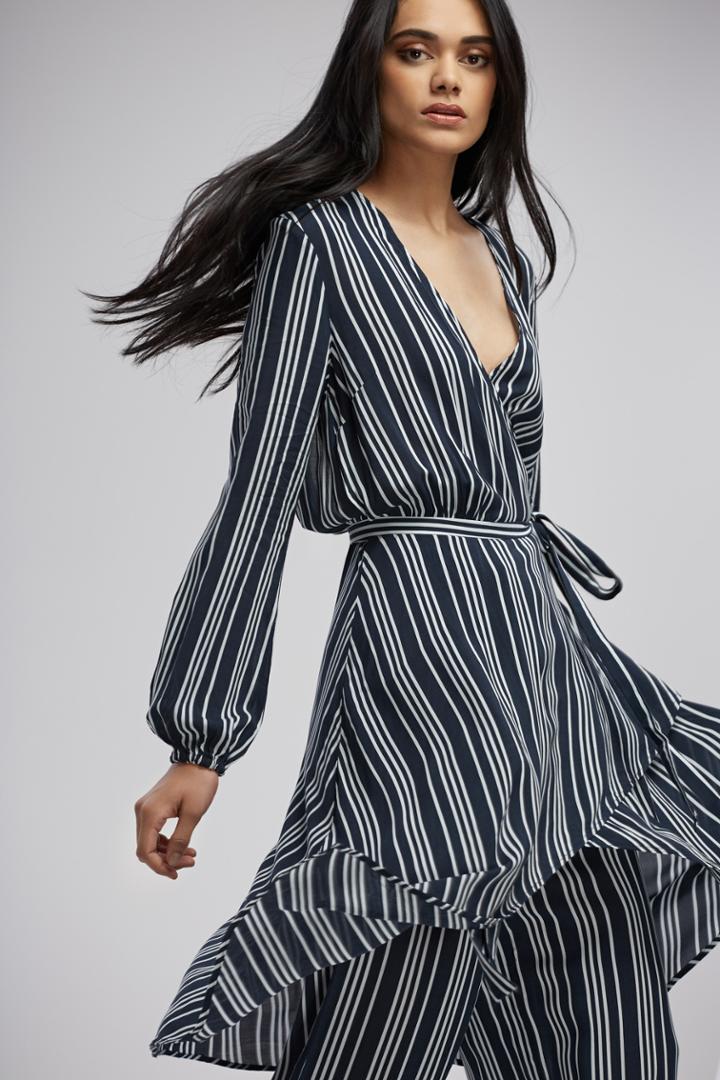 Finders Keepers Ira Long Sleeve Dress Navy Stripe