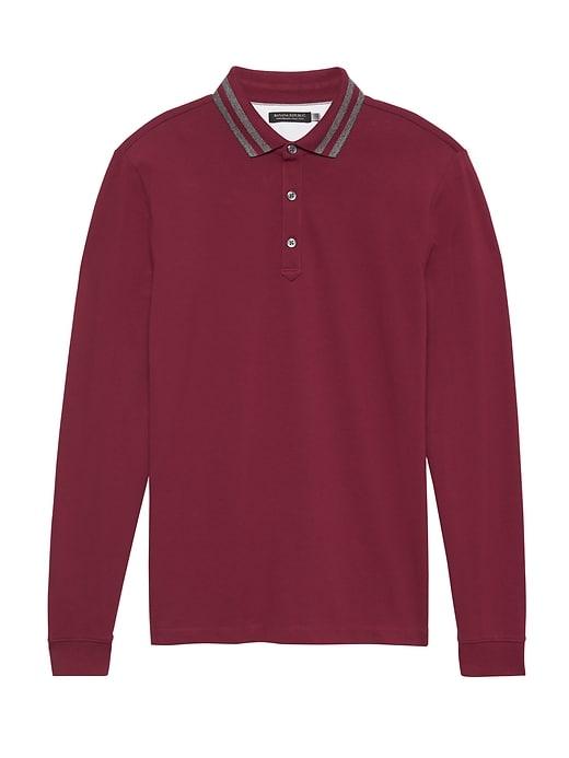 Banana Republic Mens Don';t-sweat-it Long-sleeve Stripe-collar Polo Shirt Red Rhine Size M