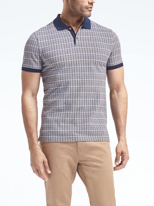 Banana Republic Mens Slim Pique Large Grid Polo - Navy