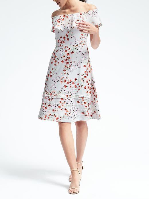 Banana Republic Womens Floral Off Shoulder Dress - White Print