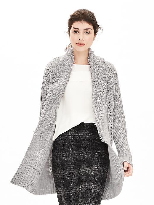 Banana Republic Womens Fringe Collar Cable Knit Sweater Coat Size L - Gray