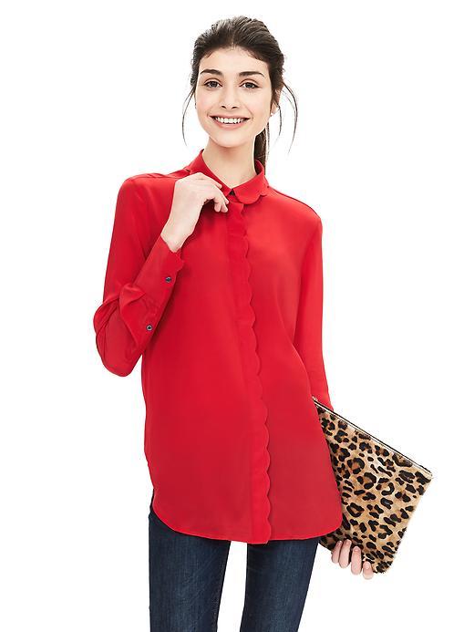 Banana Republic Womens Scalloped Silk Blouse Size L - New Vermillion