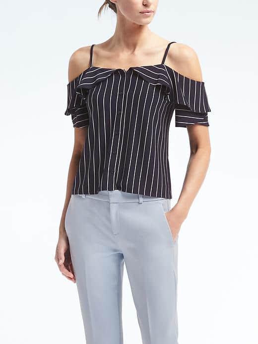 Banana Republic Womens Cold Shoulder Flounce Sleeve Top - Navy
