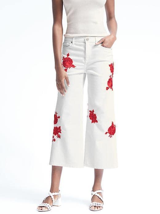 Banana Republic Womens Stay White Floral Embroidered Wide Leg Crop Jean - White