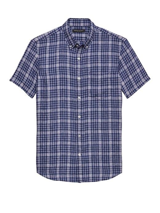 Banana Republic Mens Camden Standard-fit Linen Plaid Shirt White & Blue Size L