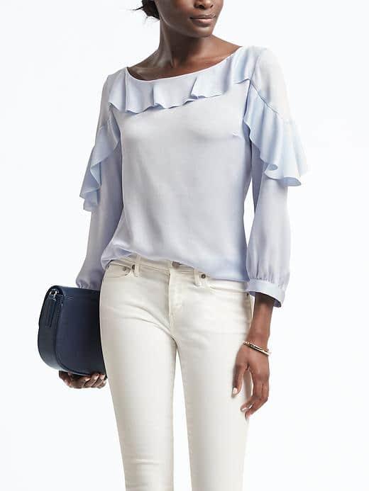 Banana Republic Easy Care Satin Ruffle Blouse - Cerulean Blue