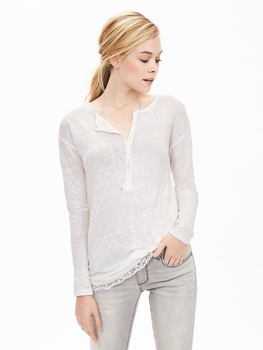 Banana Republic Lace Hem Linen Henley Size L - White