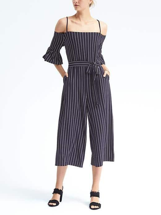 Banana Republic Womens Cold Shoulder Pinstripe Jumpsuit - Navy Pinstripe