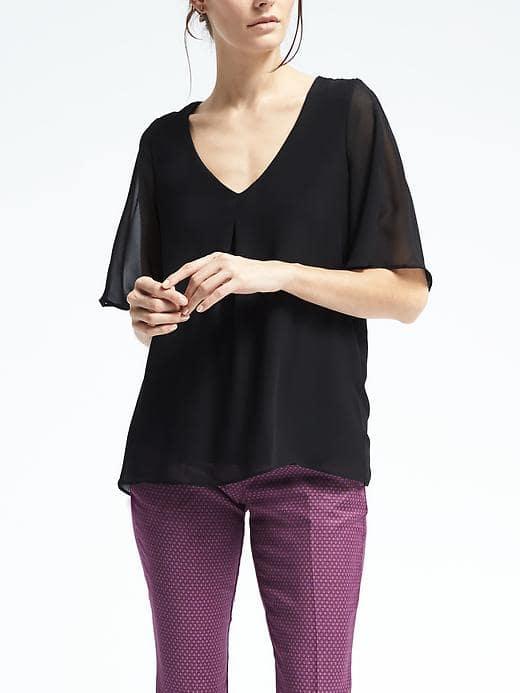 Banana Republic Womens Short Sleeve Pleated Neckline Blouse - Black