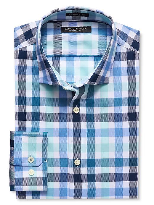 Banana Republic Mens Camden Fit Gingham 120s Supima Cotton Shirt Size L Tall - Blue Water