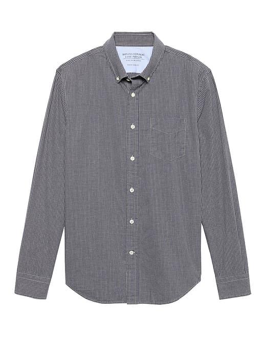 Banana Republic Mens Grant Slim-fit Luxe Poplin Plaid Shirt Blue Gray Size M