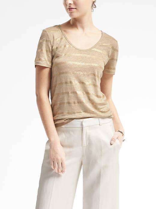 Banana Republic Womens Short Sleeve Metallic Linen Scoop Tee - Golden Beige