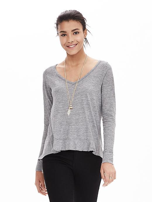 Banana Republic Womens Slubbed Ruffle Hem V Neck Tee Size L - Medium Gray Heather