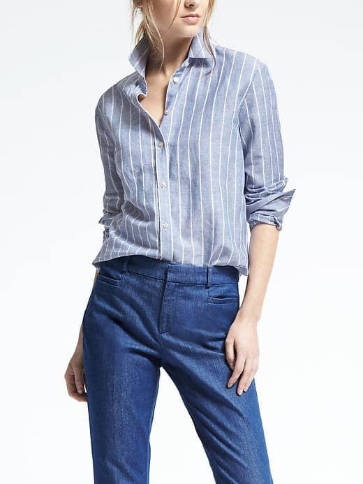 Banana Republic Dillon Fit Linen Blend Stripe Shirt - Light Blue Stripe