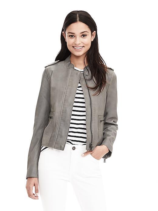 Banana Republic Gray Leather Moto Jacket Size L Petite - Seal Gray