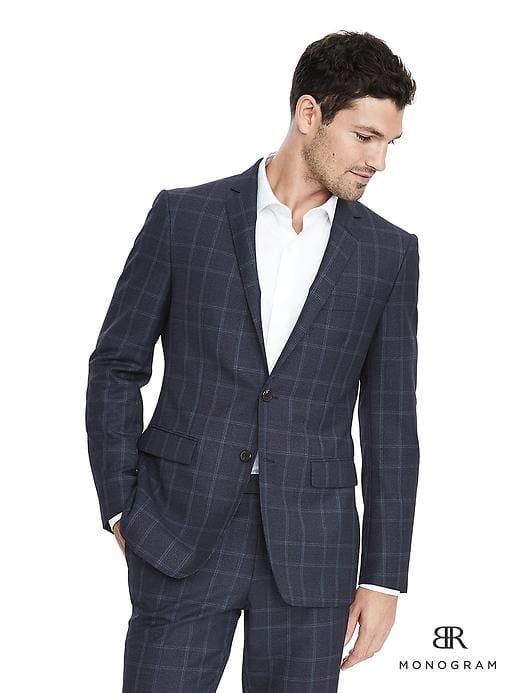 Banana Republic Mens Slim Monogram Navy Plaid Wool Suit Jacket - Navy