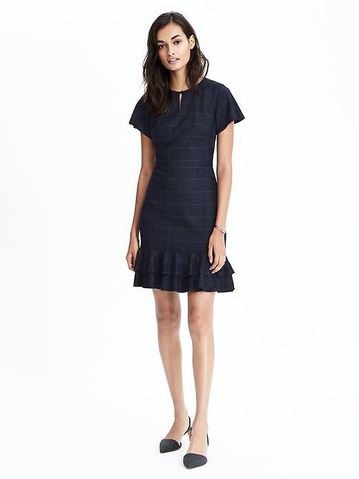 Banana Republic Womens Short Sleeve Flounce Windowpane Dress Size 0 Petite - Navy Windowpane