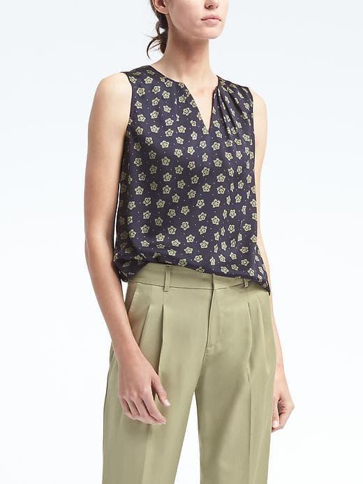 Banana Republic Womens Easy Care Print Pleated Neck Tank - Blue Print